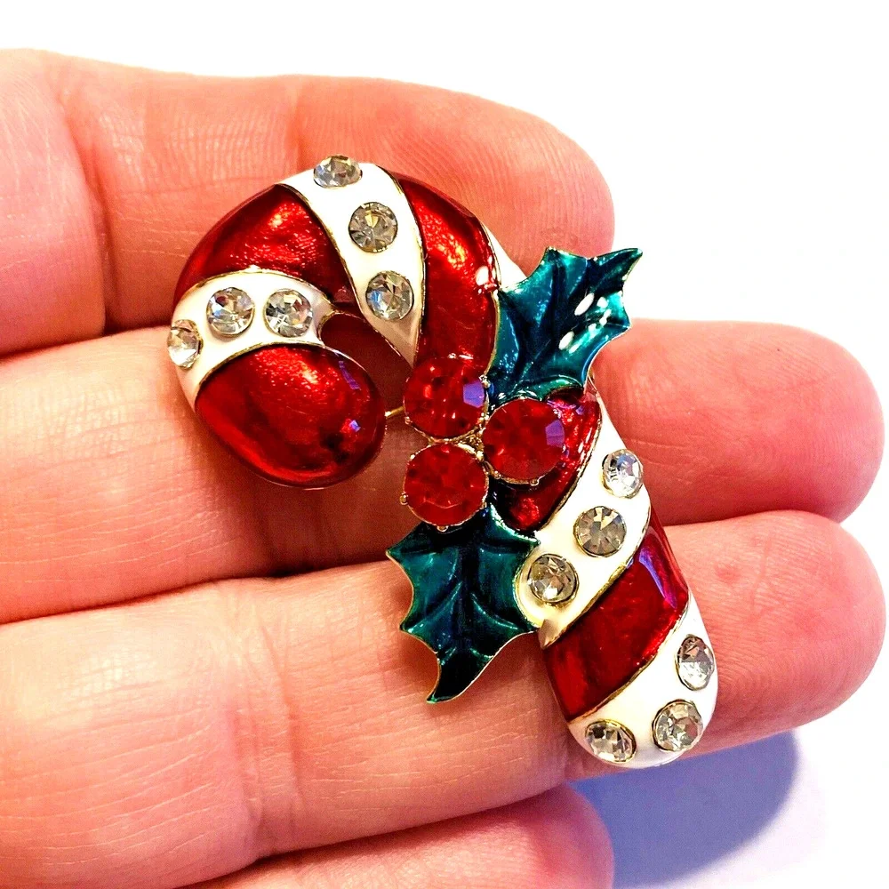 Christmas Brooch Pendant Red & White Enamel Candy Cane & Rhinestones Novelty Pin